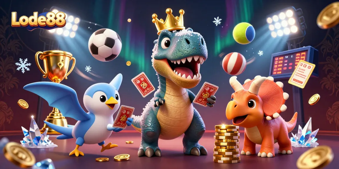 Lode88: A friendly T-Rex shuffles cards with help from a pterodactyl while a triceratops stacks chips.