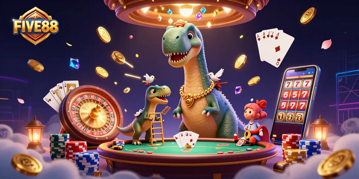 Engage in thrilling gameplay at FIVE88 with a vibrant 3D casino scene showcasing games and fun.