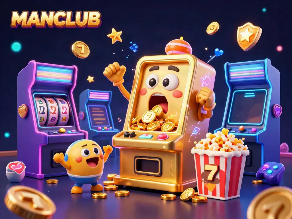 Experience the excitement of MANCLUB as the golden slot machine hits a jackpot with coins pouring out.