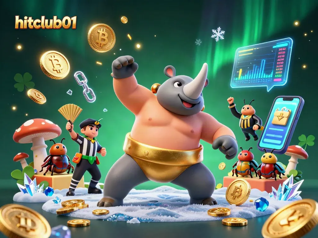 Experience thrilling wins with hitclub01, featuring a dynamic sumo beetle scene with golden coins flying.