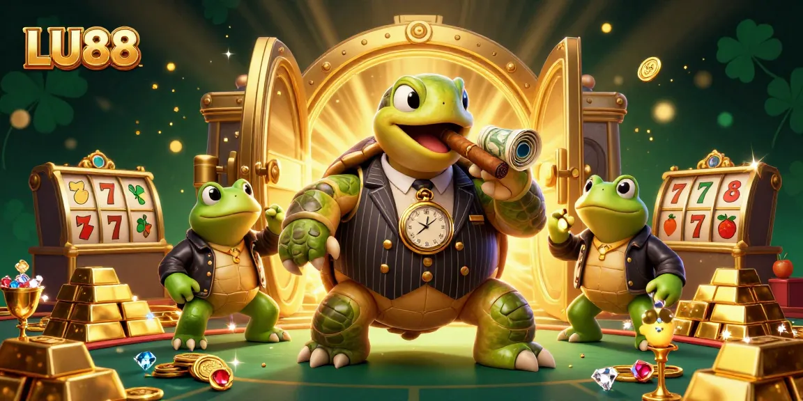 LU88's massive snapping turtle leads a lively casino scene with vibrant slot elements.