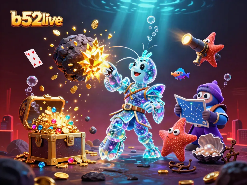 b52live brings excitement as a galactic mantis shrimp punches through gems and coins in an underwater casino.