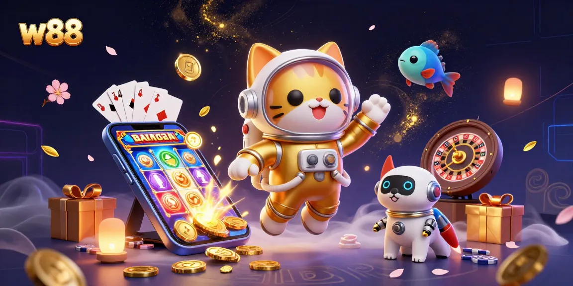 w88 brings excitement as a 3D cartoon cat and robot dog join in thrilling scenes of gaming adventures.
