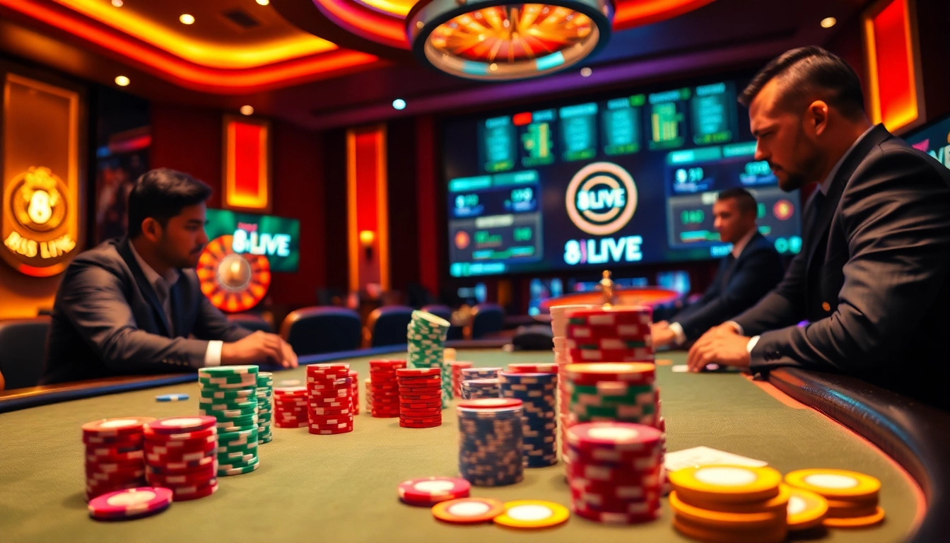 High-stakes poker action at 8LIVE casino with vibrant chips and cards in a professional setting.
