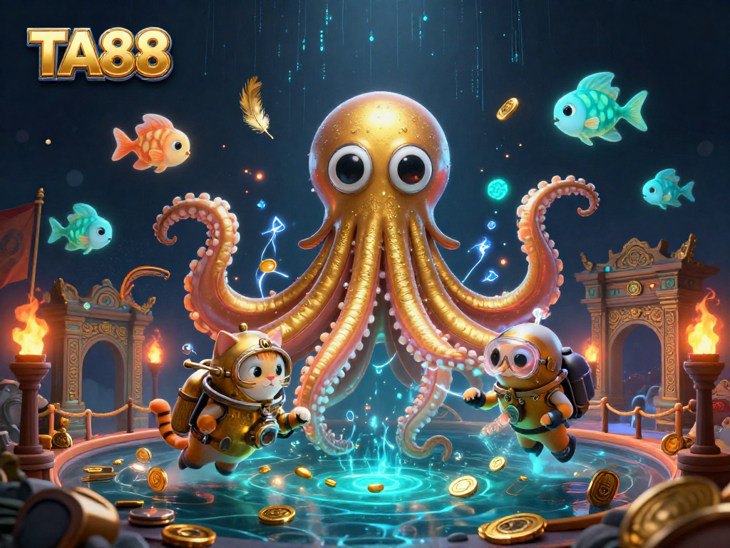 TA88 kraken treasure scene with a diving cat and bioluminescent fish, showcasing vibrant gambling elements.