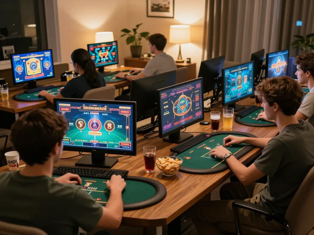 TẢI MI88 easily with friends enjoying a home gaming experience and multiple screens displaying online casino games