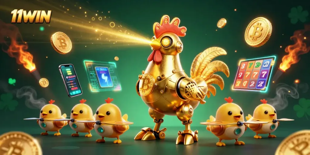 Experience the excitement of 11WIN with vibrant slot reels and betting action in a dynamic casino scene.