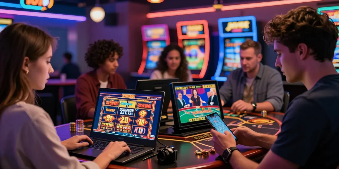 Migliori casino online scena con giocatori che si divertono con vari giochi in un vivace ambiente di casinò digitale.
