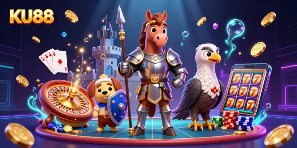 KU88 showcases a vibrant 3D gambling scene with cascading coins, a knight, a puppy, and a falcon.