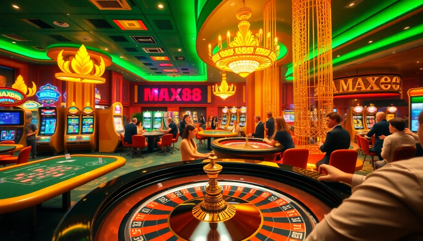 Experience the excitement of MAX88 at a vibrant casino table with poker chips and slot machines.