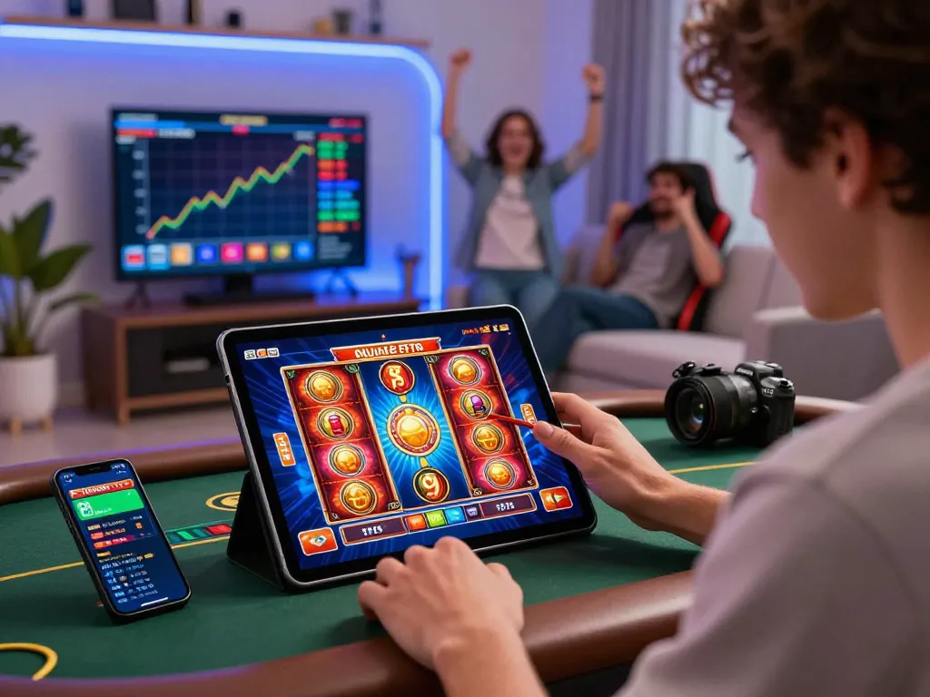 Engaging online gambling scene with a player at https://hapify.io/ using a tablet, showcasing vibrant casino games in a modern setting.