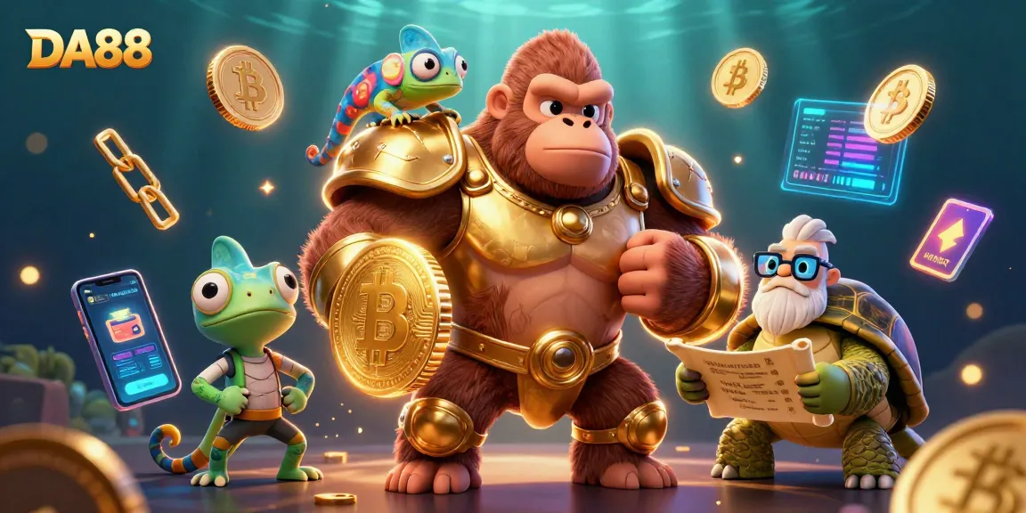 Bet on DA88 with a powerful gorilla and vibrant, dynamic characters in a bustling casino scene.