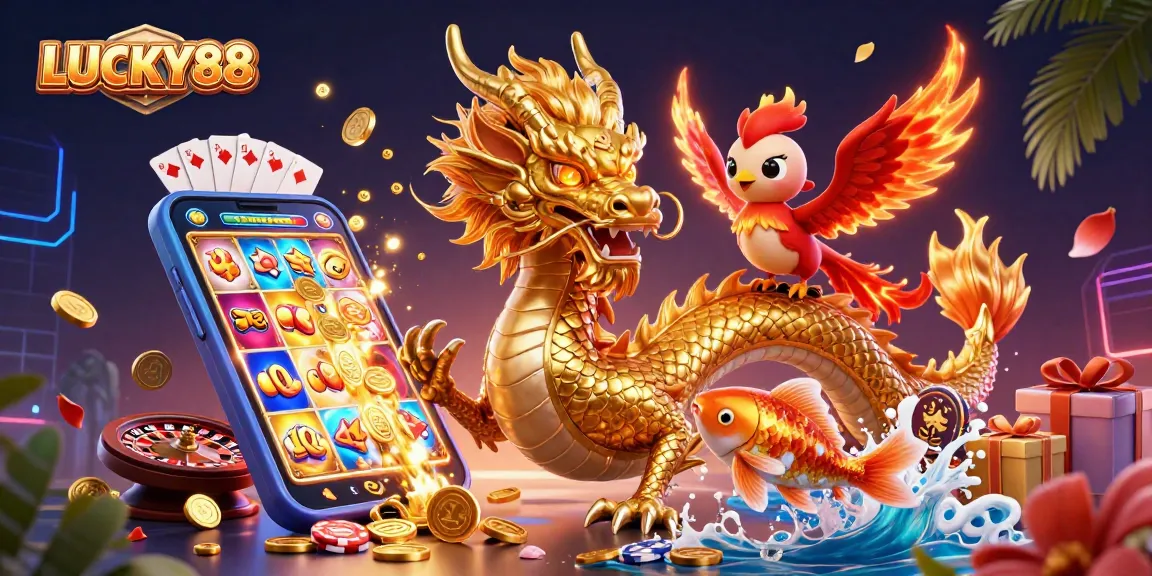 Win big with LUCKY88: A dynamic illustration of a golden dragon and slot symbols.