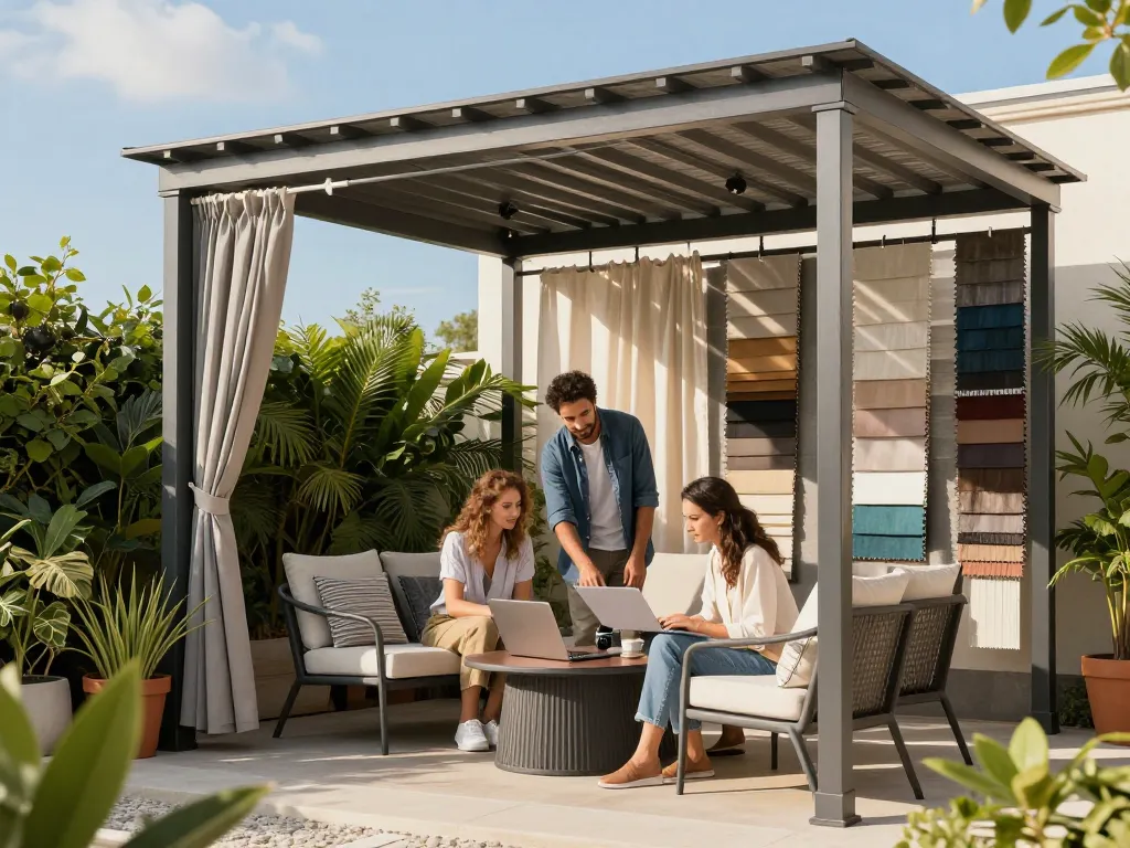 Configurazione personalizzata di una pergola bioclimatica con preventivi automatici in un lussureggiante ambiente esterno.