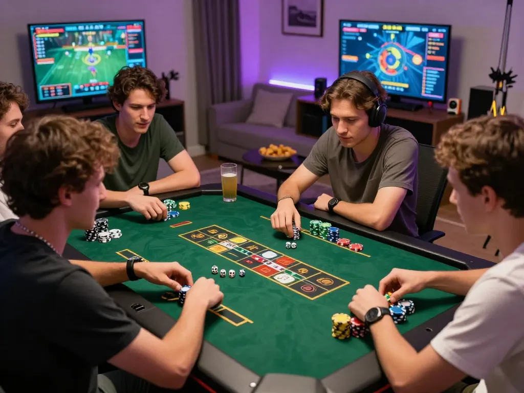 Tài xỉu sunwin game night with friends at a colorful gaming table in a modern living room.