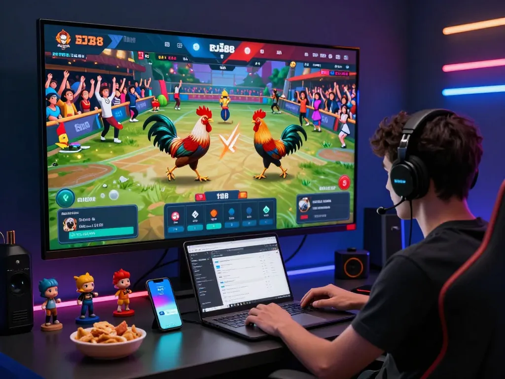Engaging online gaming scene at https://bj388.my with live rooster fighting and enthusiastic betting.
