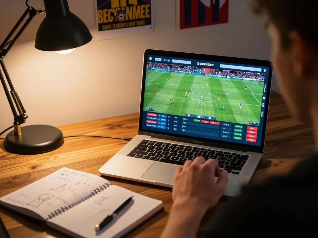 Socolive sports betting on a laptop, showcasing a live match in an engaging home setting.