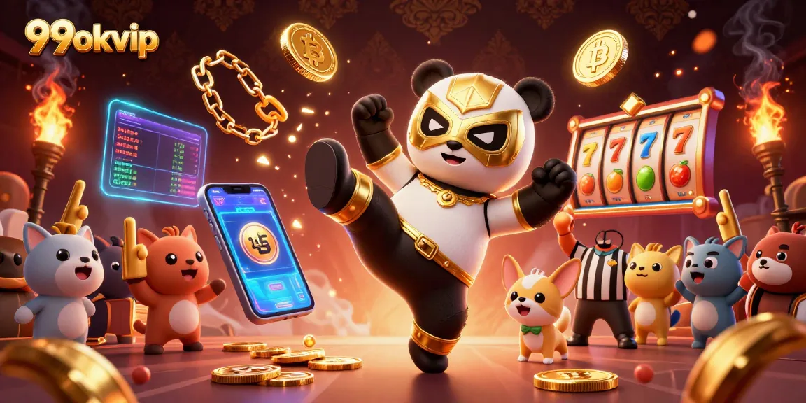 Experience thrilling action at 99okvip with a playful panda wrestler, crypto coins, and excited animal fans!
