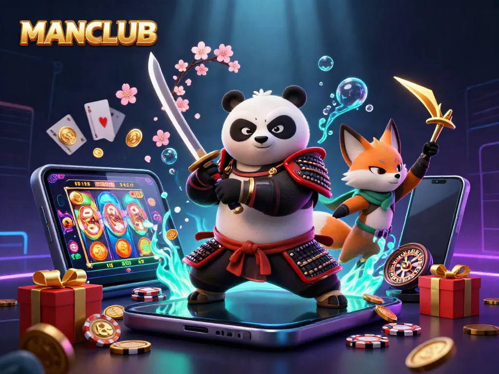 Experience MANCLUB's thrilling gaming through a vibrant 3D illustration of dynamic characters and casino elements.