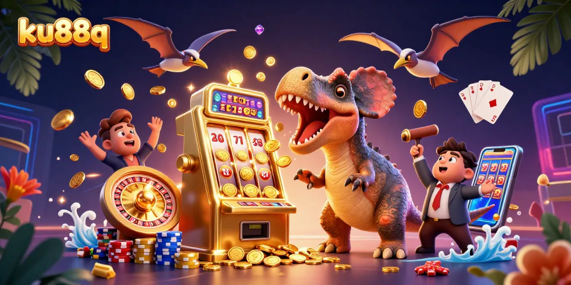 ku88q celebrates jackpot wins with daring dinosaur antics and vibrant casino elements