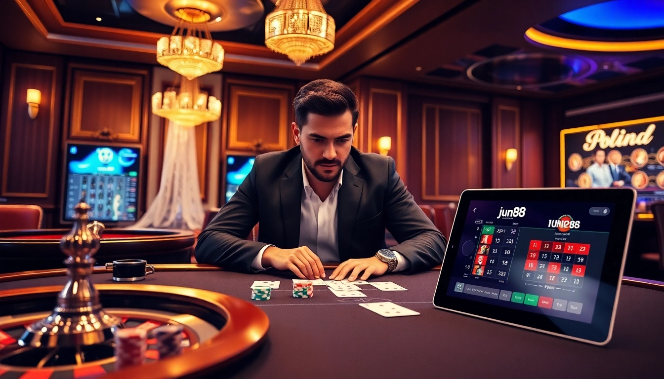 Player enjoying a game of blackjack at jun88 casino, with vibrant atmosphere and luxurious casino elements.
