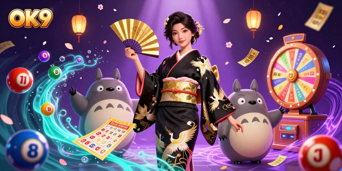 Engage in exciting casino games at OK9 with a vibrant illustration of a skilled player surrounded by lottery elements.