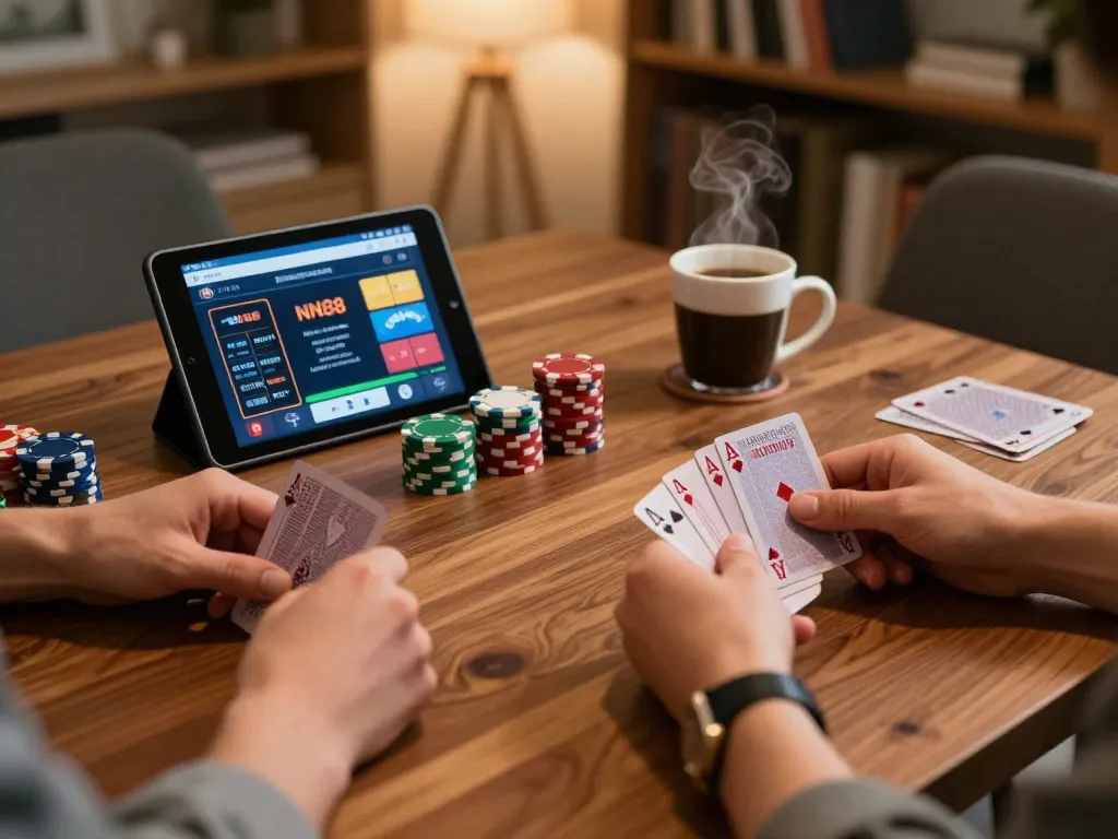 Players strategizing in a cozy home environment while using the NN88 app for poker gaming.