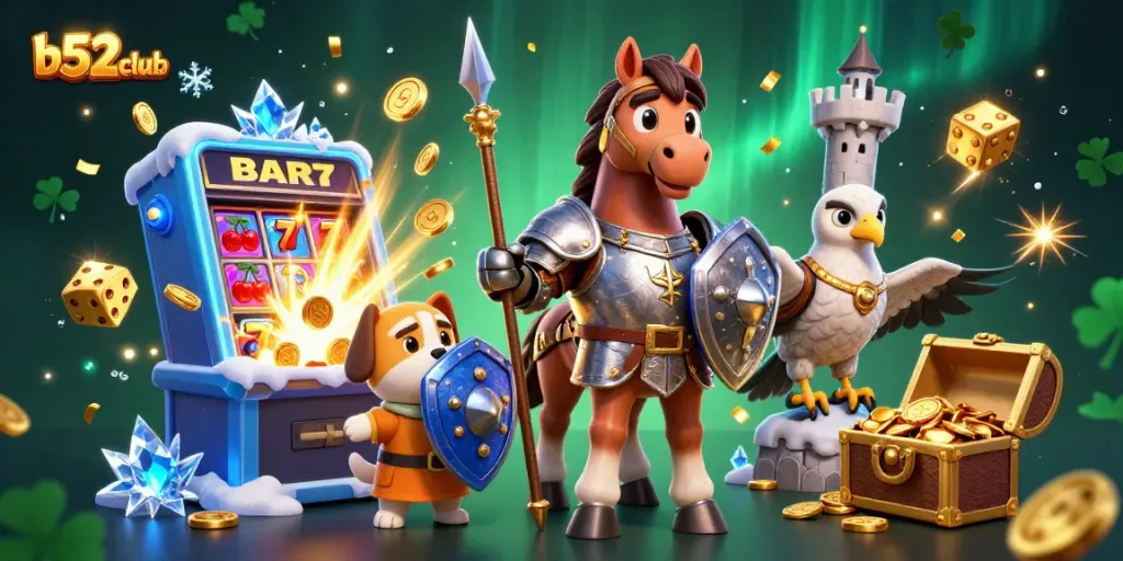 Experience thrilling gameplay at b52club with a dynamic illustration of a magical knight and casino elements.