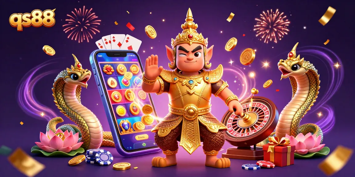 Experience the excitement of qs88 with a lively 3D casino scene featuring vibrant characters and dynamic gaming elements.