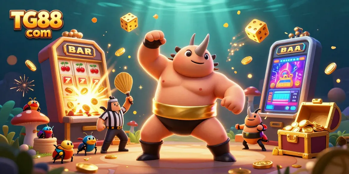 Win big at TG88 com with a vibrant casino scene featuring animated beetle champions, slot machines, and golden coins.