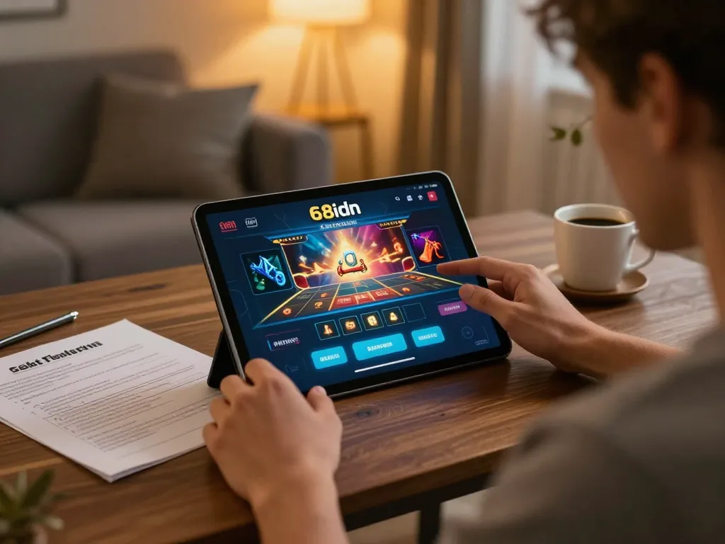 Pemain menikmati pengalaman kasino online 68idn di tablet, menyoroti perjudian strategis