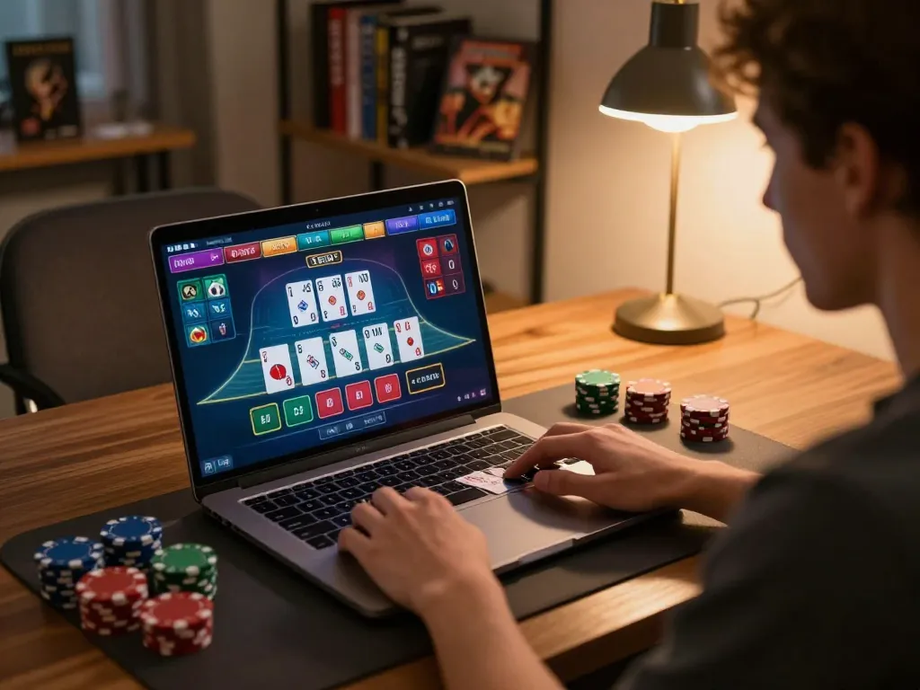 Engaging player enjoying 33win online blackjack session at home, calculating odds effectively.