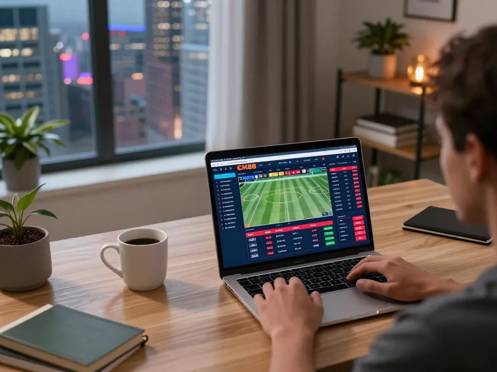 Experience thrilling sports betting with CM88 interface on laptop at a stylish home desk
