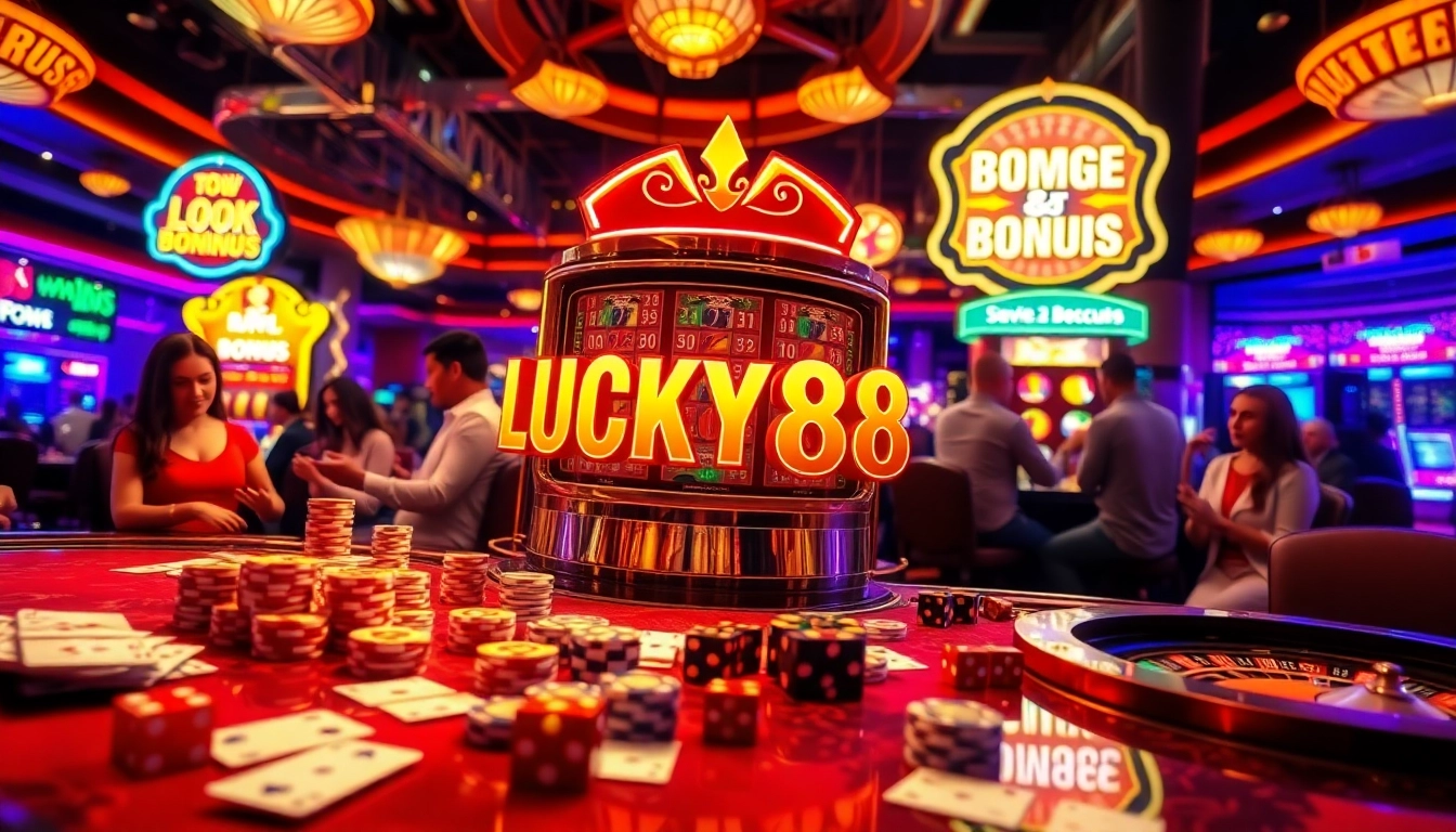LUCKY88 slot machine in a vibrant casino scene with excited players and colorful gaming elements.