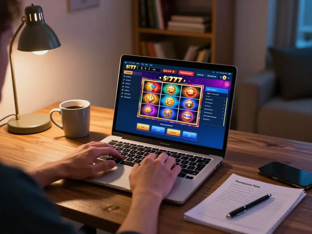 Suasana permainan kasino online yang menarik di sl777 dengan pemain menggunakan laptop, menampilkan atmosfer permainan yang mengasyikkan