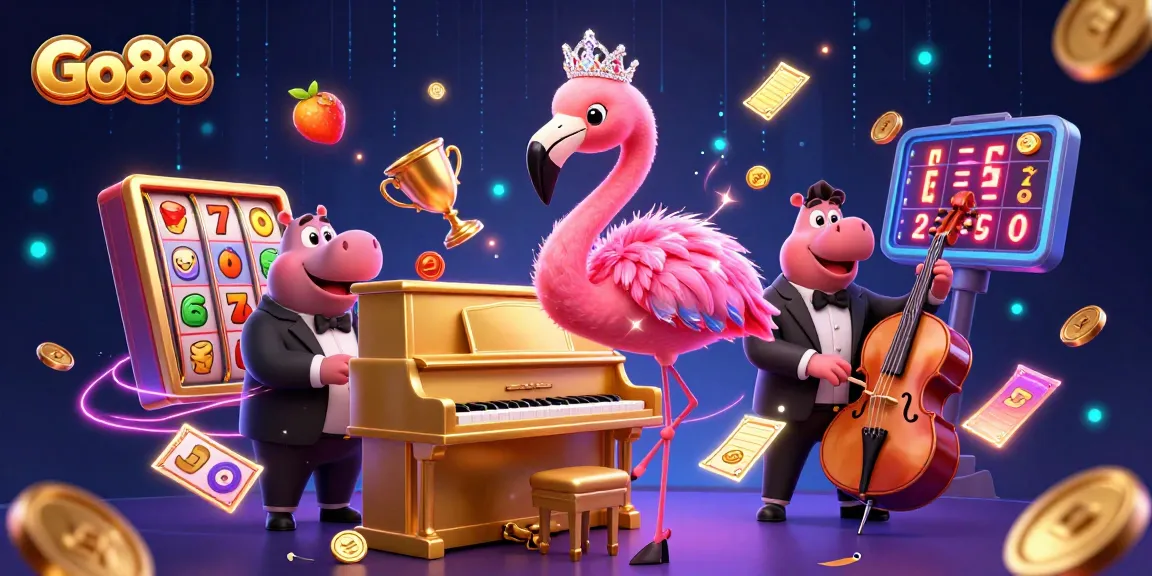 Go88 players spin the slots with vibrant, thrilling energy in a dynamic 3D casino scene