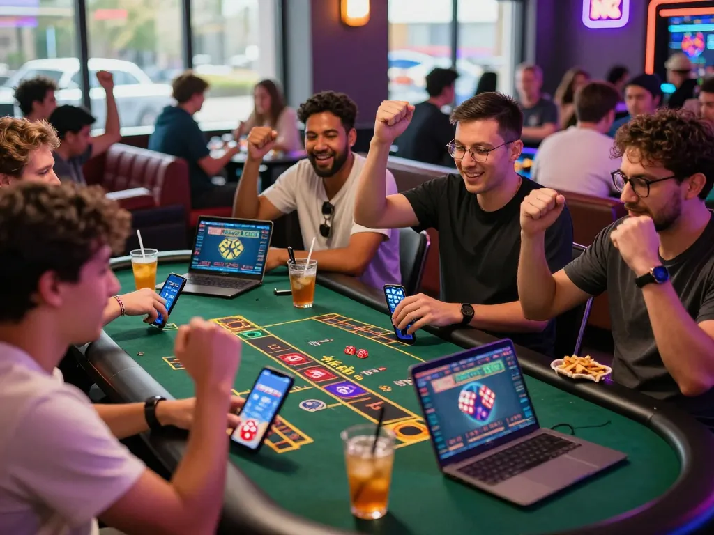 Exciting online casino atmosphere with players celebrating during a game of tài xỉu sunwin.