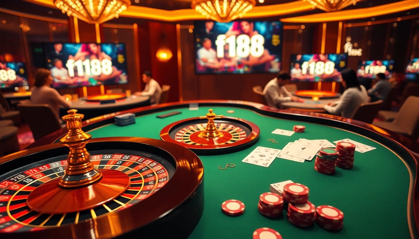 Engage in thrilling casino actions as f168 players enjoy poker and roulette in a luxury setting, illuminated with excitement.