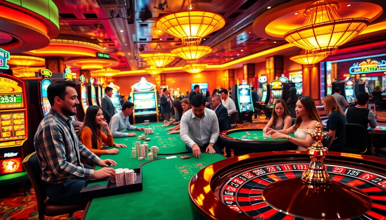 Players enjoying thrilling games at https://kjc.pro/, surrounded by vibrant casino elements.