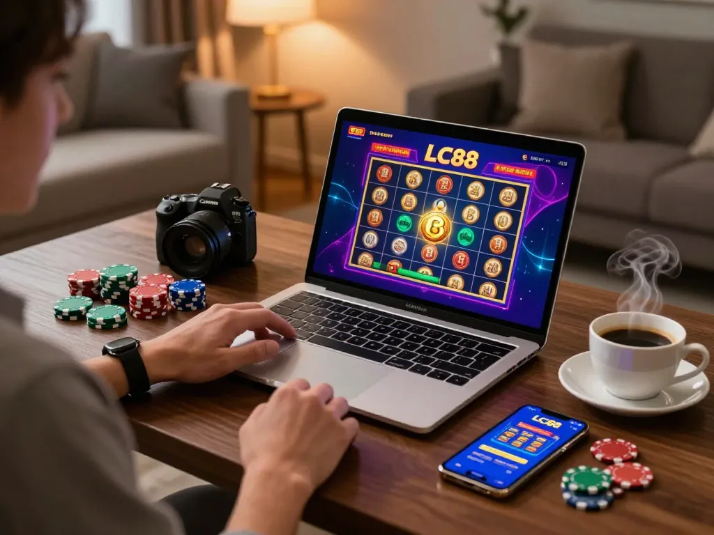 Play exciting LC88 online games on a sleek laptop in a stylish home office.