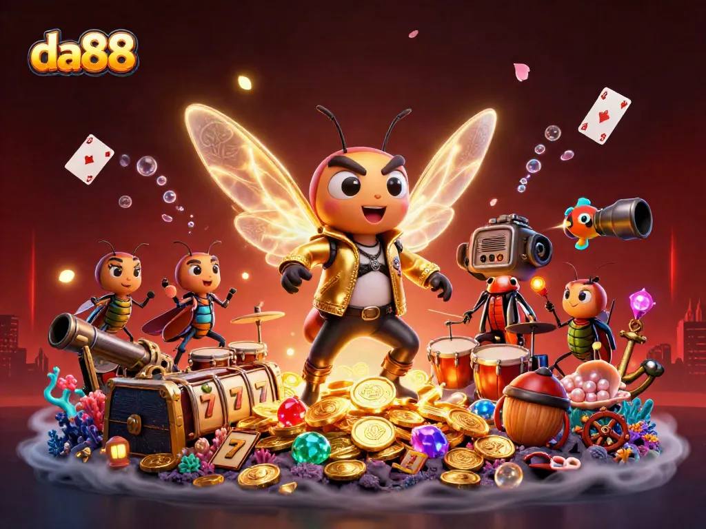 Spin to win big at da88 with an electrifying rock star band in a vibrant 3D casino scene.