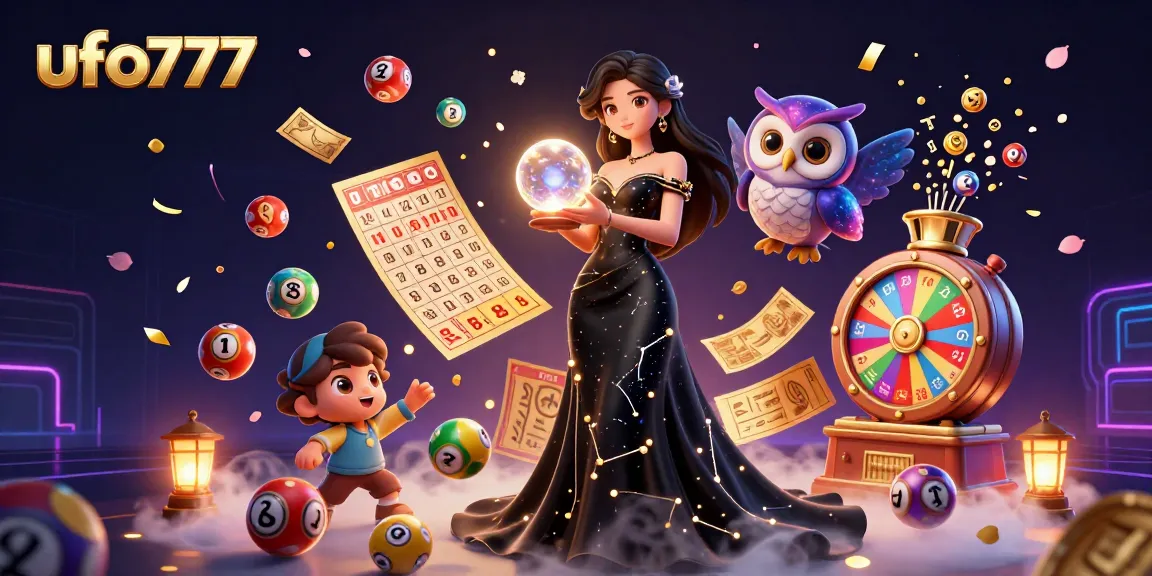 Engage with ufo777 features, including vibrant lottery balls and a mystical owl in a detailed 3D scene.