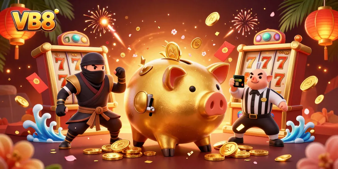 VB8 features a dynamic golden piggy bank and characters amidst exciting slot machine gameplay.