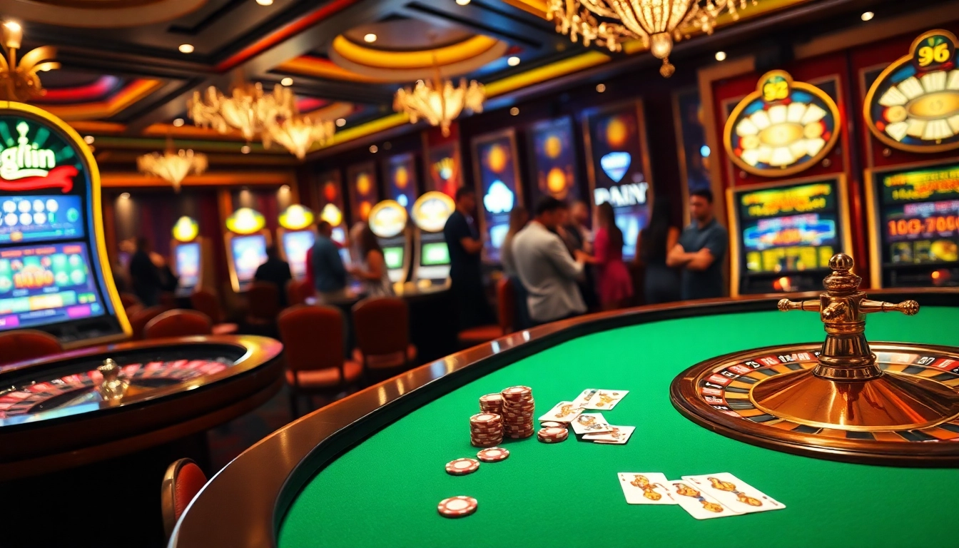 Exciting casino scene featuring ggwin gaming tables, roulette wheels, and colorful chips.