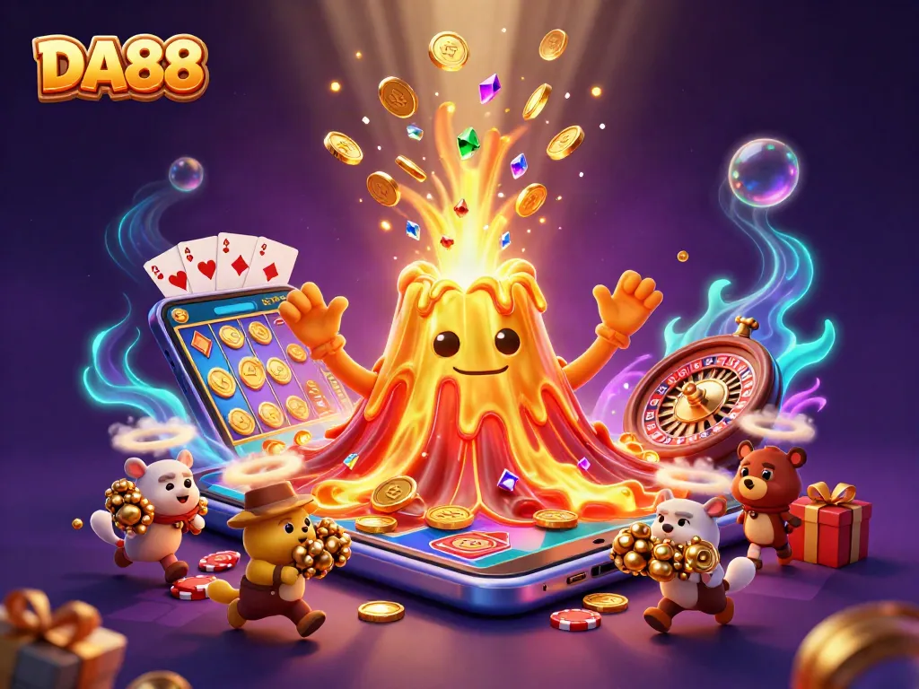 DA88 showcases an erupting golden volcano pouring coins while explorers grab treasures, illustrating vibrant online casino excitement.