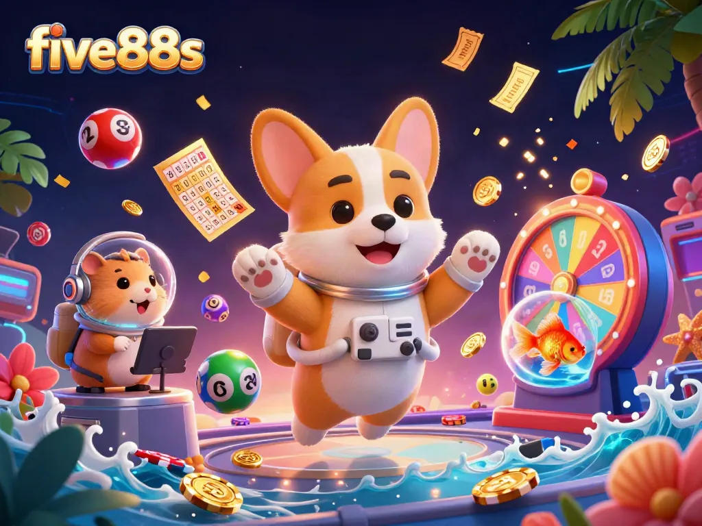 Experience the excitement of five88s with an astronaut corgi in a festive casino scene.