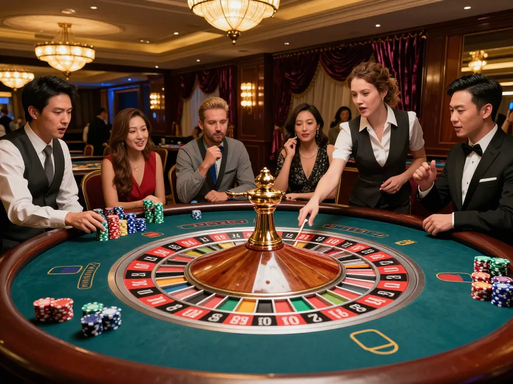 Watch players engaging at the roulette table at https://net88.wtf/ as the croupier spins the wheel in an upscale casino.