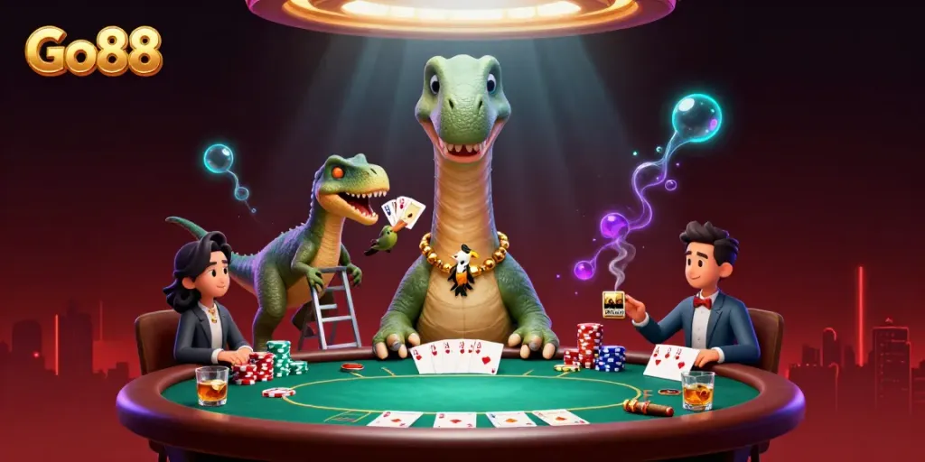 Experience Go88 with dynamic gaming energy as a brontosaurus overlooks a poker table scene.