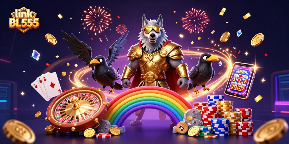 Play slots and win big with link BL555, featuring vibrant characters and dynamic casino elements.