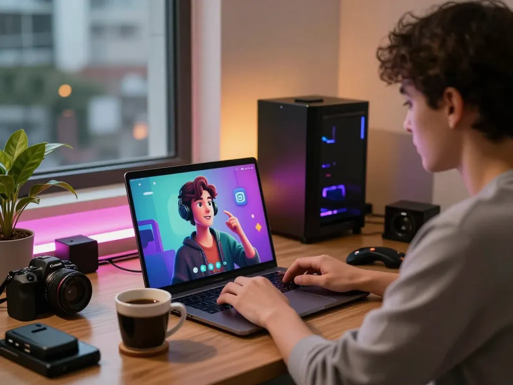Immersive interaction with crushon ai character on laptop, cozy digital atmosphere.